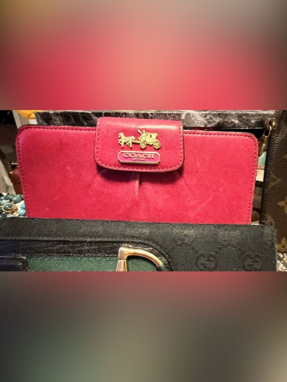 Coach Pink Suede Wallet with Gold Coach Carriage Logo